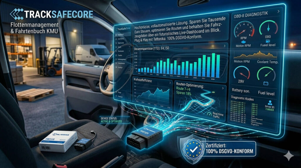 Professionelles Flottenmanagement für Unternehmen im DACH-Raum
TrackSafeCore bietet innovative Funktionen wie automatisierte Fahrtenbücher und Live-Telemetrie, die Ihre Fuhrparkverwaltung transparenter und steuerlich konform machen.